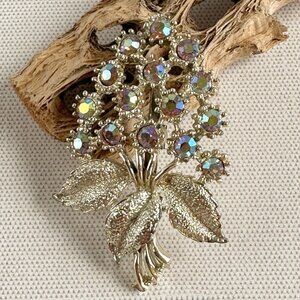 Vintage Silver Tone Flower Bouquet Brooch W/ Aurora Borealis Rhinestones